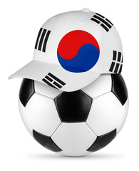 Classic black white leather soccer ball south korea korean flag baseball fan cap isolated background sport football concept