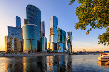 Skyscrapers of Moscow City business center and Moscow river in Moscow at sunset, Russia