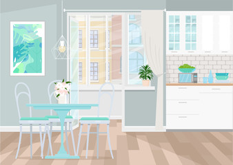 Interior design of gray kitchen. Exit to the balcony from the kitchen. The layout of the kitchen in the apartment. Vector flat illustration.