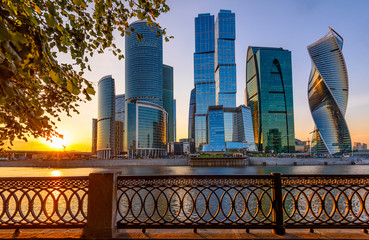 Skyscrapers of Moscow City business center and Moscow river in Moscow at sunset, Russia