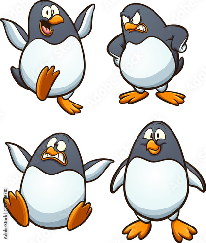 Вектор: Cartoon penguin with different expressions. Vector clip art illustration with simple gradients. Each on a separate layer. Cartoon penguin with different expressions. Vector clip art illustration with simple gradients. Each on a separate layer.