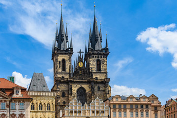 Church towers in Market Square in Prague, Czech Republic
