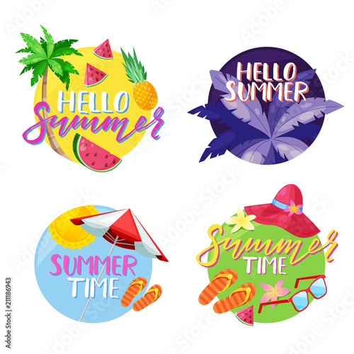 Вектор: Summer labels, stickers or tags. Hello summer vector circle emblem set. Holiday, travel, beach vacation design elements Summer labels, stickers or tags. Hello summer vector circle emblem set. Holiday, travel, beach vacation design elements