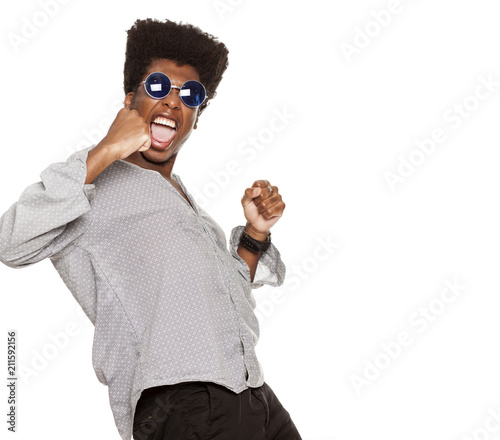 Фото: young handsome afro american guy stylish hipster shouting happy isolated on white background. people emotions concept young handsome afro american guy stylish hipster shouting happy isolated on white background. people emotions concept