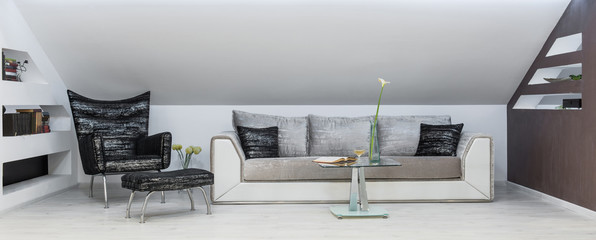 Living room interior, loft apartment, attic renovation