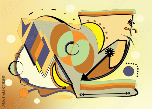 Иллюстрация: abstract composition , fancy geometric colorful shapes , green , orange , brown on light background abstract composition , fancy geometric colorful shapes , green , orange , brown on light background