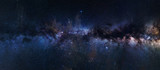 Panoramic astrophotography of visible Milky Way galaxy. Stars, nebula and stardust at night sky
