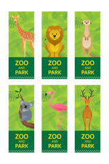 Wild Animals in Jungle, Banner, Ticket, Giraffe, Lion, Meerkat, Koala Bear, Pink Flamingo and Deer