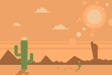 Desert scene with cacti and sun. Vector cartoon flat landscape.