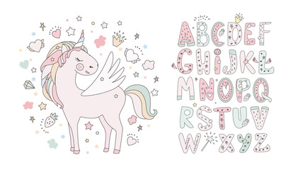 Unicorn vector sweet cute illustration. Magic fantasy design. Cartoon rainbow animal isolated horse. Fairytale unicorn print poster.