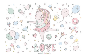 Unicorn vector sweet cute illustration. Magic fantasy design. Cartoon rainbow animal isolated horse. Fairytale unicorn print poster.