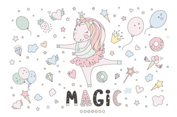 Unicorn vector sweet cute illustration. Magic fantasy design. Cartoon rainbow animal isolated horse. Fairytale unicorn print poster.