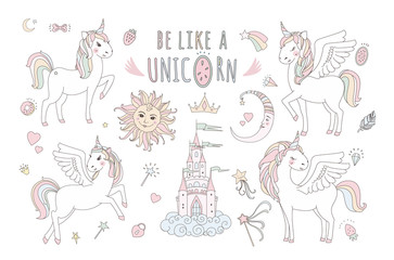 Unicorn vector sweet cute illustration. Magic fantasy design. Cartoon rainbow animal isolated horse. Fairytale unicorn print poster.