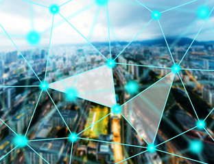 Communication and Networking concept with cityscape on background 