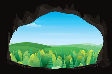 Scenery of mountain view from inside the cave. Vector nature background