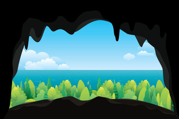 Scenery of sea view from inside the cave. Vector nature background