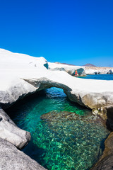 White chalk cliffs in Sarakiniko, Milos island, Cyclades, Greece.