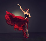Ballerina. Young graceful woman ballet dancer, dressed in professional outfit, shoes and red weightless skirt is demonstrating dancing skill.
Beauty of classic ballet dance.