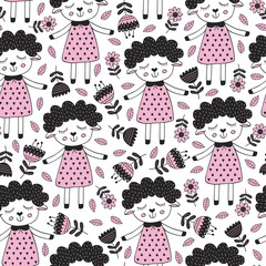 seamless pattern with sheep girl and flower in Scandinavian style - vector illustration, eps