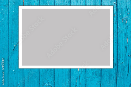 Foto obraz na płótnie canvas jednoczęściowy - Retro style blue wood plank background. Photo Frame Mock Up. Empty space for text design and message