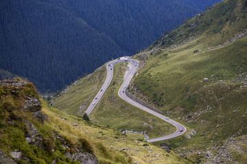 Transfagarasan - Mountain road in Fagaras Mountains with a lot of cars