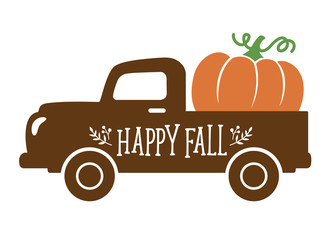 An old vintage truck with harvest pumpkin. Fall pumpkin vector illustration.