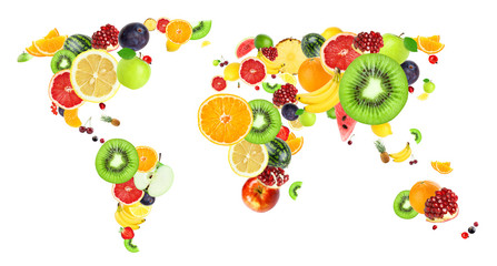 Collage of fresh fruits. World map