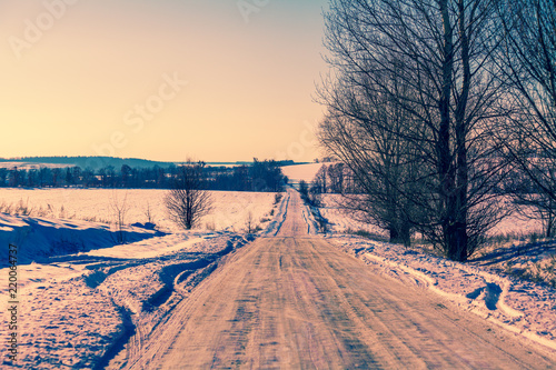 Foto obraz na płótnie canvas czteroczęściowy - "tetraptyk" - Country road covered with snow in evening