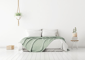 Home bedroom interior mockup with bed, green plaid, pillows and plants on empty white wall background. 3D rendering.