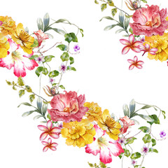 Watercolor painting of leaf and flowers, seamless pattern on white background