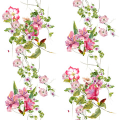 Watercolor painting of leaf and flowers, seamless pattern on white background