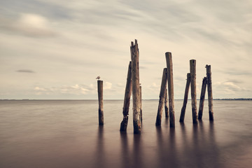 Minimalist sea, sky and breakwater landscape, Baltic sea, Poland