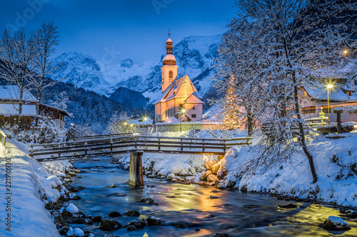 Church of Ramsau in winter twilight, Bavaria, Germany © JFL Photography