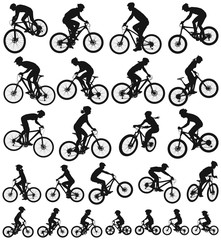 Bicycle vector silhouette collection of active people men women teen and children riding mountain bikes