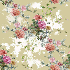 Watercolor painting of leaf and flowers, seamless pattern
