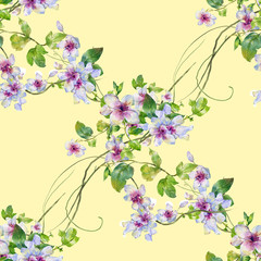 Watercolor painting of leaf and flowers, seamless pattern