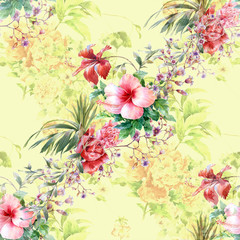 Watercolor painting of leaf and flowers, seamless pattern