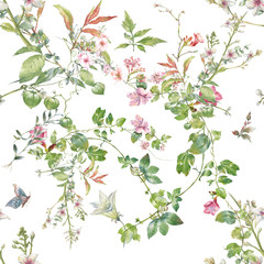 Watercolor painting of leaf and flowers, seamless pattern on white background