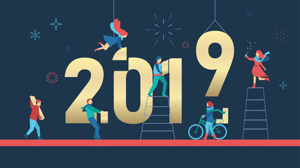 Happy New Year 2019 poster with people building figures.