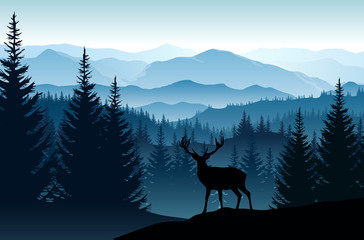 Vector blue landscape with silhouettes of misty mountains, forests and deer