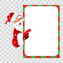 Santa isolated on transparent background.  Santa Claus is pointing at billboard. Template for design Christmas cards. Suitable for all Christmas and New Year holidays