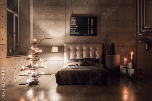 Plakat Nowożytna pusta sypialnia w loft stylu z szarymi kolorami i drewnianą ręcznie robioną choinką z teraźniejszość. ciepły i przytulny wieczór