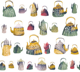 A seamless pattern with vintage kettles and teapots with watercolor texture. Tea time background for fabric, kitchen wallpapers, gift wrapping paper, scrapbooking. Isolated on white.
