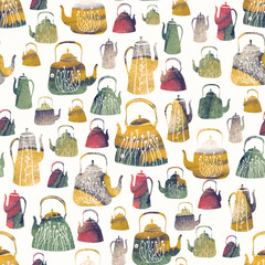 A seamless pattern with vintage kettles and teapots with watercolor texture. Tea time background for fabric, kitchen wallpapers, gift wrapping paper, scrapbooking. Isolated on white.