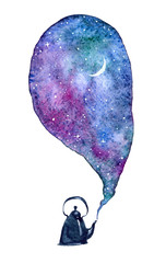 Magical watercolor kettle steaming starry sky with the Moon. Illustration isolated on white background.