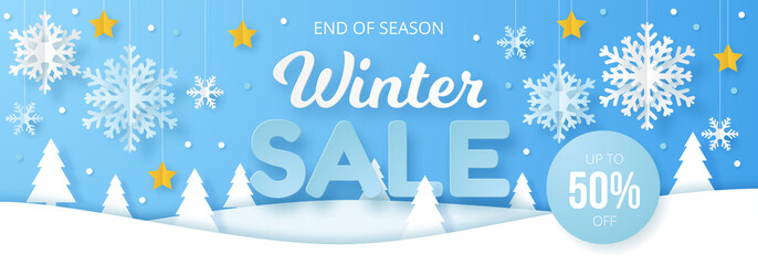 Winter sale banner. Origami snowfall. Vector Illustration.