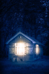 Cabin in forest at night.