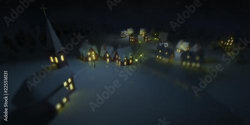 illuminated village at winter calm night with church, winter seasonal 3D illustration background © learchitecto