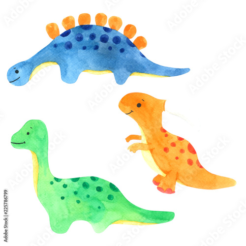 Dinosaur watercolor cartoon set. Cute dinosaur isolated on white background © Wannapa