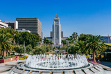 Fountain in Grand Park, and Los Angeles City Hall